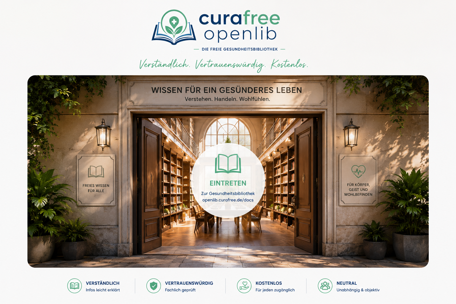 Einladender Eingang zur digitalen Gesundheitsbibliothek curafree openlib